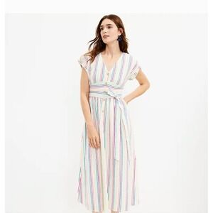 Loft Rainbow Striped Button Down‎ Tie Waist fit & flare Midi Dress size 10P